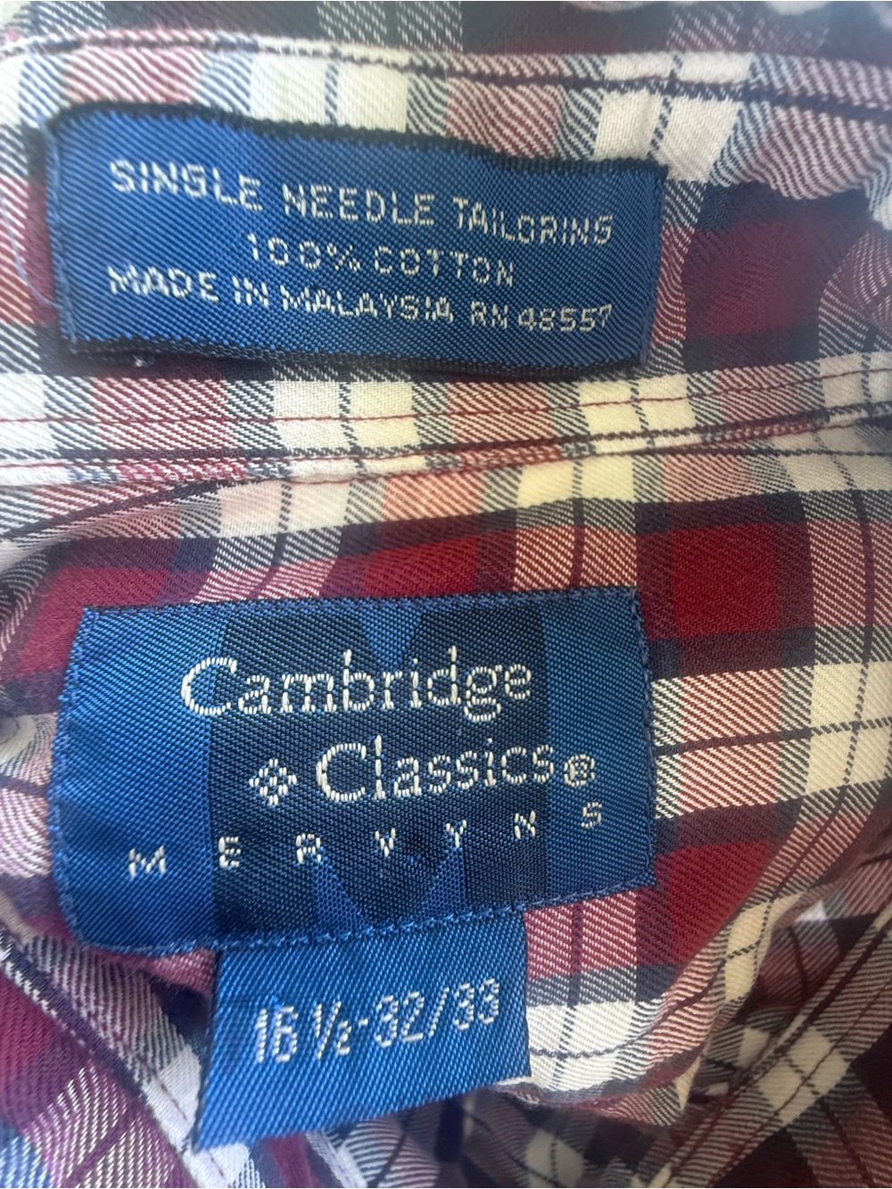 Vintage Cambridge Classic Men's Plaid Button-Up Shirt - Burgundy/White S 16 1/2 - Picture 4 of 6